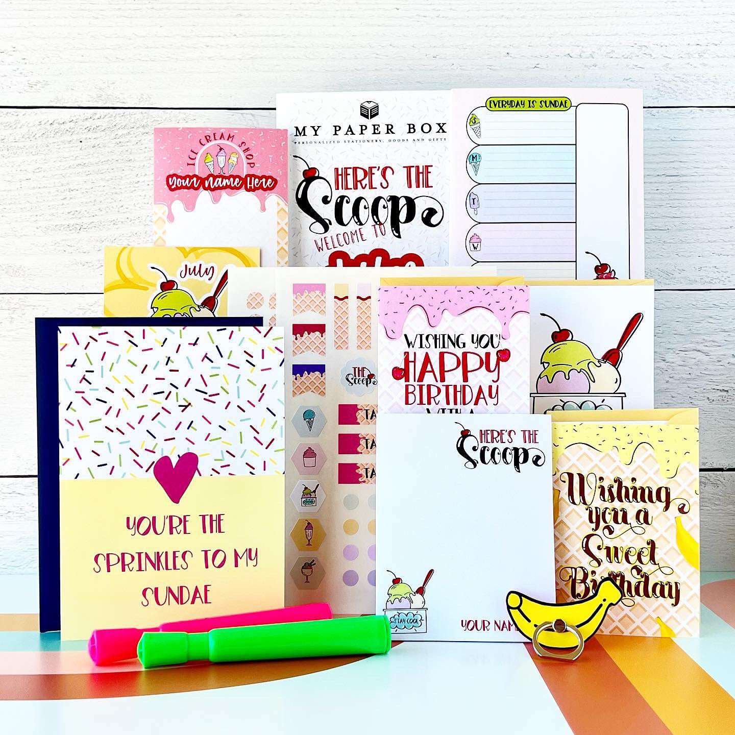 This sweet July box from My Paper Box was all about sunshine, sprinkles, and ice-cream-shop nostalgia. Designed to feel playful and bright, the “Here’s the Scoop” theme mixed adorable illustrations, dessert-inspired colors, and cheerful messages perfect for summer happy mail.

Inside this box you’d find:

Personalized notepads featuring ice cream cones, sprinkles, waffle-cone patterns, and fun pastel stripes

Greeting cards with phrases like “You’re the Sprinkles to My Sundae,” “Wishing You a Sweet Birthday