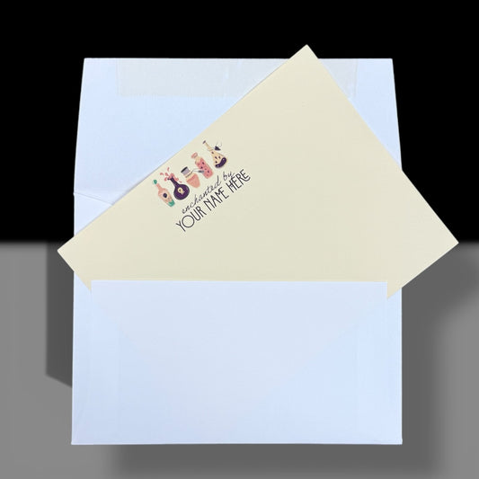 Tan flat A2 card with colorful witchy potion bottles and customizable black text, paired with a white envelope.