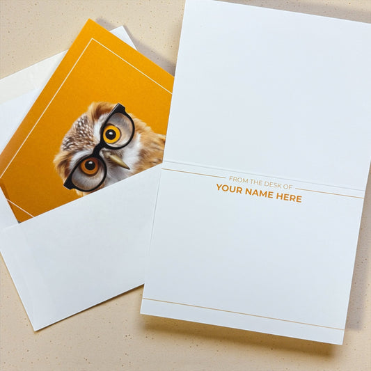 Orange A2 folded card with owl wearing glasses on front and customizable text inside.