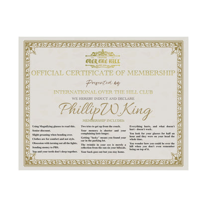Over the Hill Club Membership Certificate, Funny Gift for 40th Birthday, Wall Art, Novelty Decor