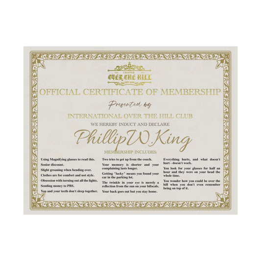 Over the Hill Club Membership Certificate, Funny Gift for 40th Birthday, Wall Art, Novelty Decor