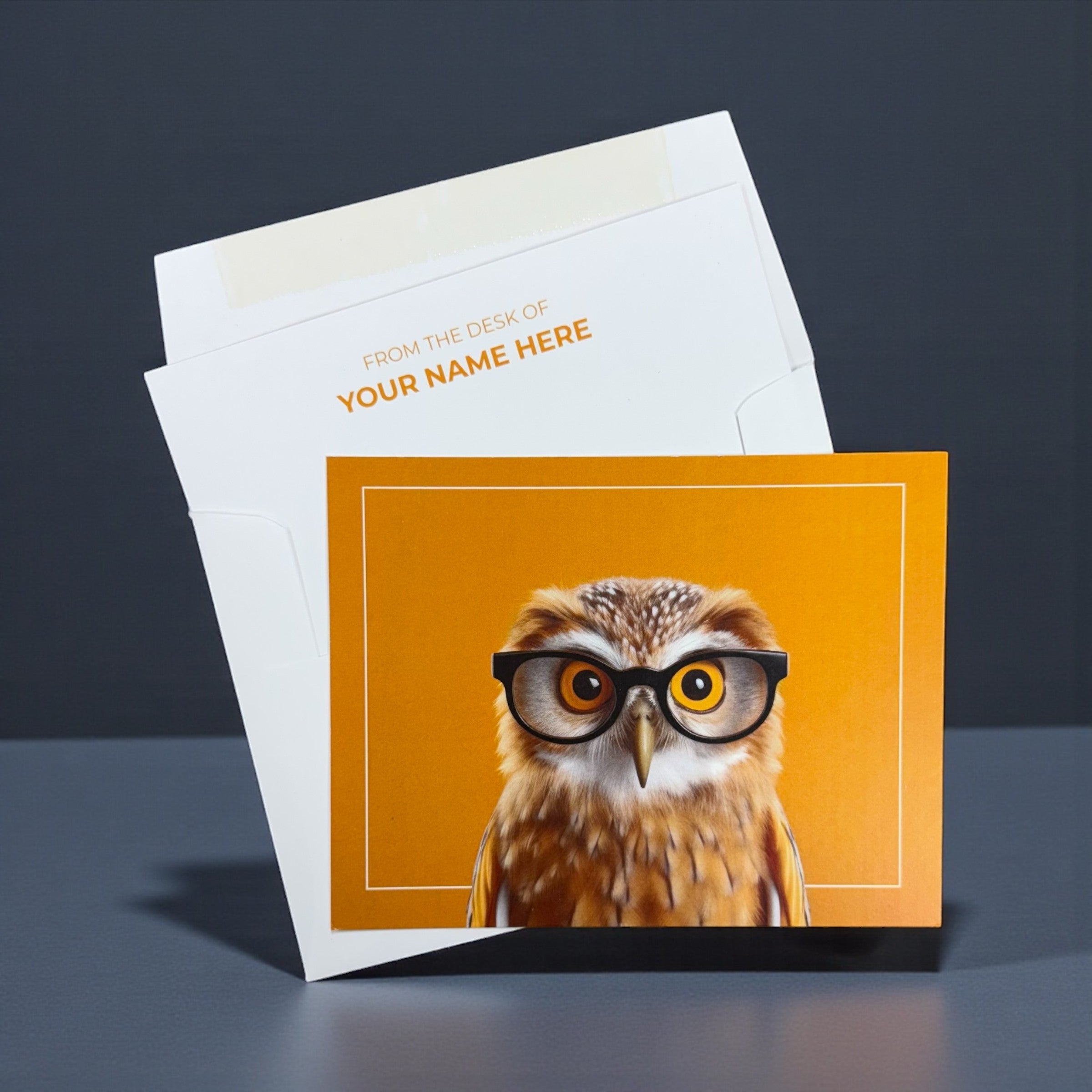 Set of 10 A2 flat note cards featuring a brown owl with black glasses on an orange background, with customizable text above.