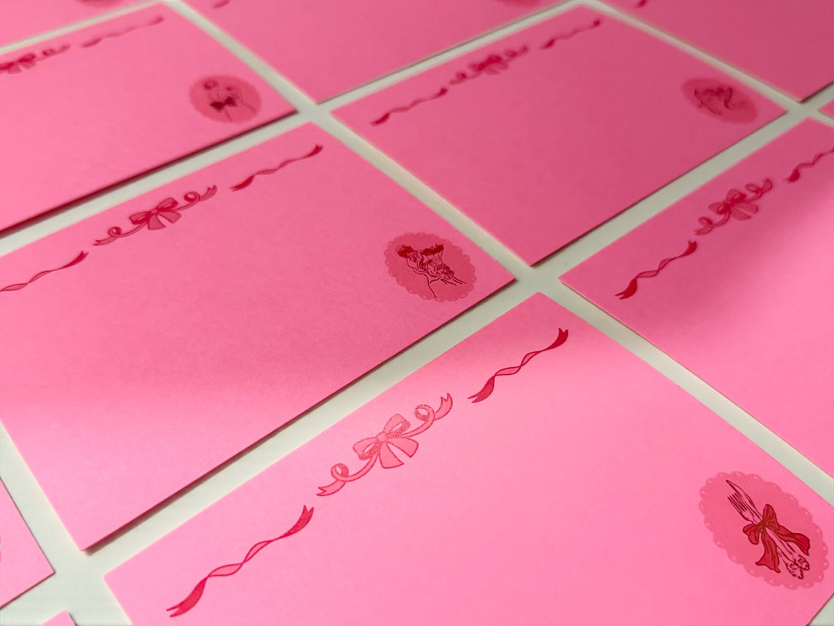 Pink assorted custom notecards with delicate floral and ribbon designs for personalized stationery. - Assorted Coquette Notecard Set of 25