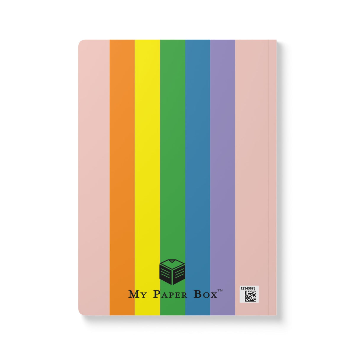 Notebook with vertical rainbow stripes on cover and "My Paper Box" text at bottom.
