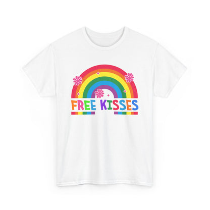Colorful Rainbow Tee with 'Free Kisses' Design