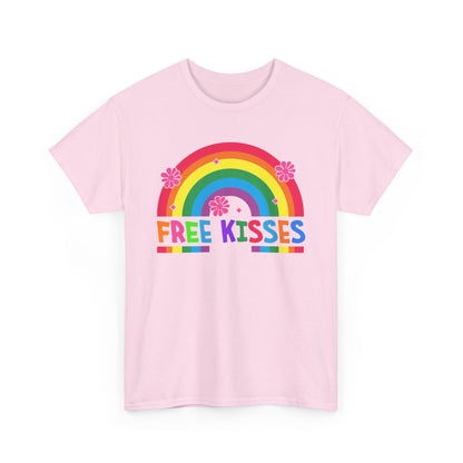 Colorful Rainbow Tee with 'Free Kisses' Design