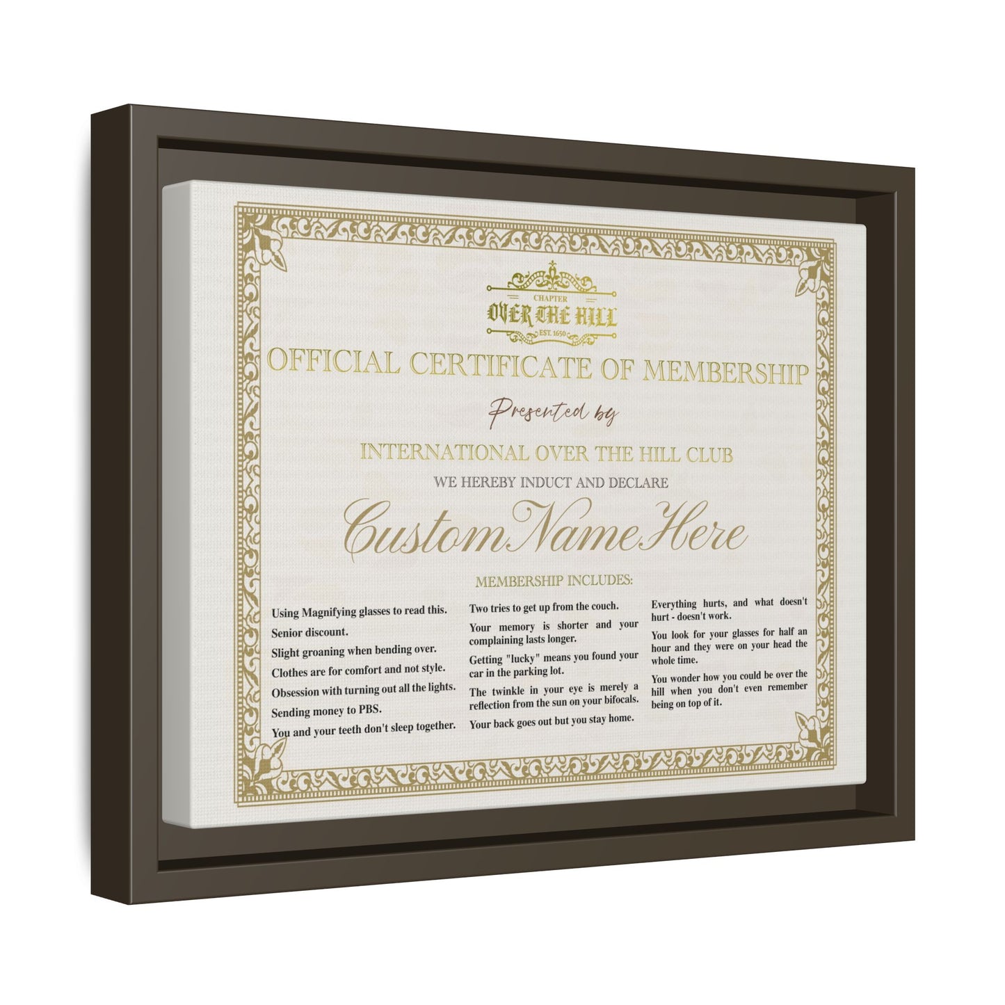 Personalized Over the Hill Membership Certificate