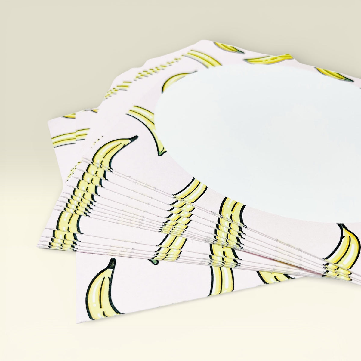 Stack of custom personalized stationery notecards featuring yellow banana border design. - Banana Notecard Set