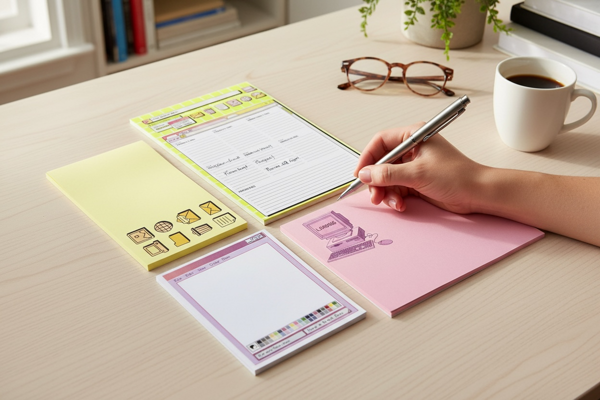 Retro computer-themed personalized stationery set with custom 90s style notecards and planner pages. - Retro Computer Stationery Gift Set | 90s Desk Notecards & Planner