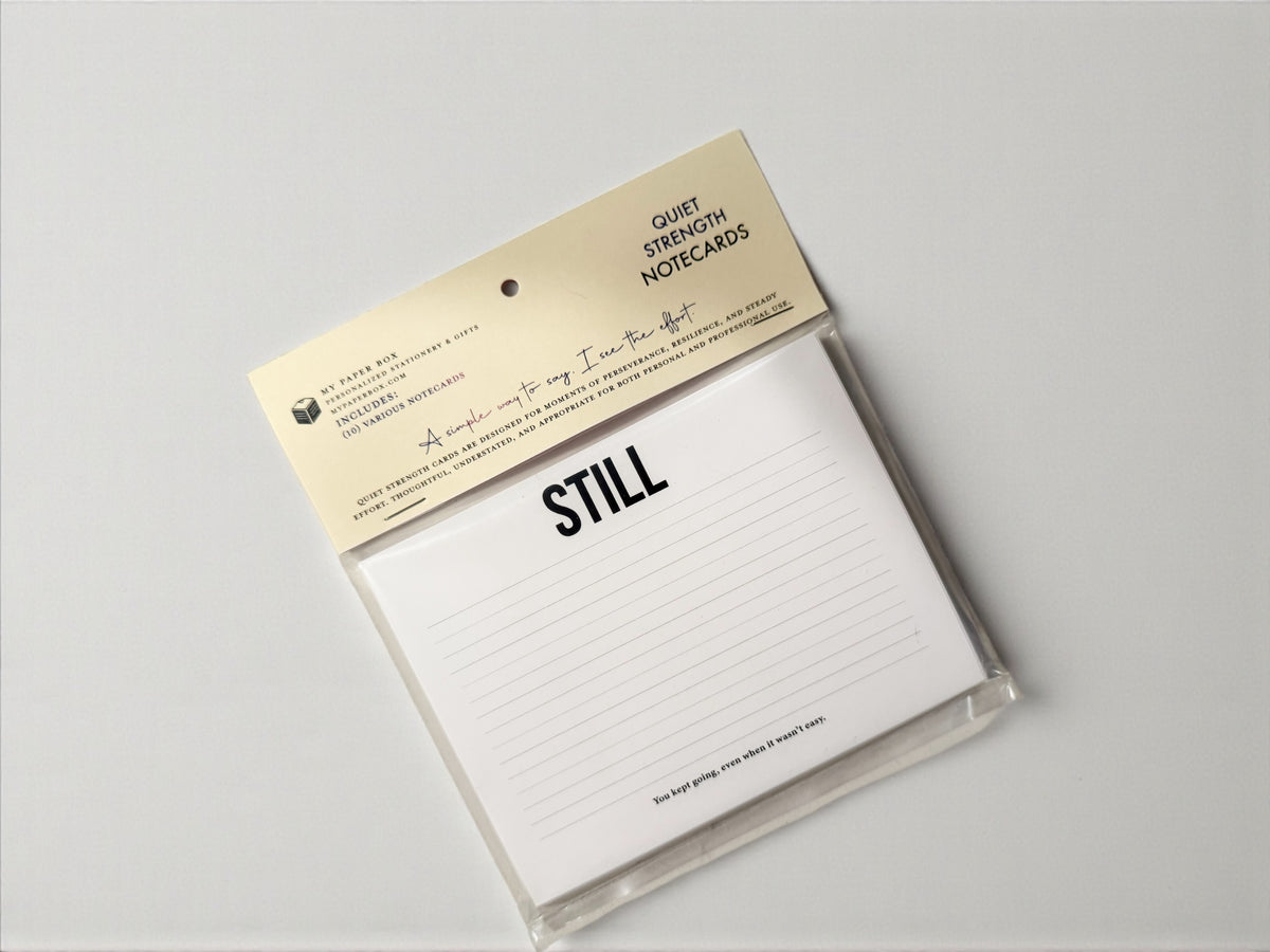 Minimalist personalized stationery set with bold "STILL" typography on white lined cards. - Quiet moments Notecard Set