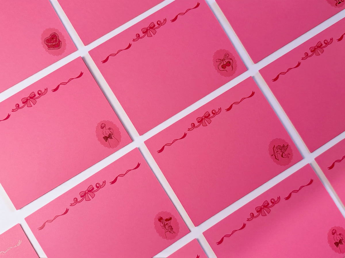 Set of 25 assorted pink coquette notecards with custom cursive detailing and personalized stationery accents. - Assorted Coquette Notecard Set of 25