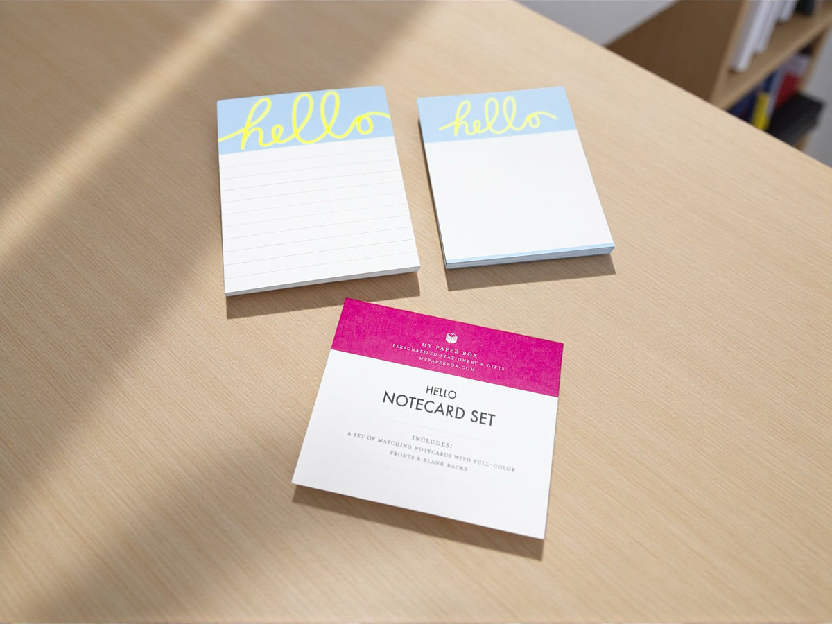 Hello stationery notecard set with lined and unlined custom personalized cards on wood table. - Hello Lined and Unlined Notecard Set