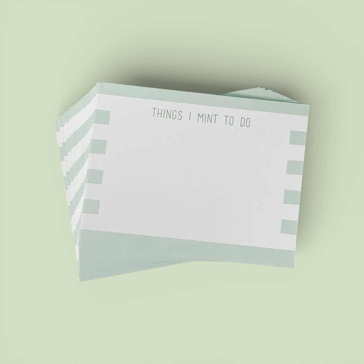 Stack of personalized mint and white stationery notecards with "THINGS I MINT TO DO" header and striped border. - Mint to do notecard set