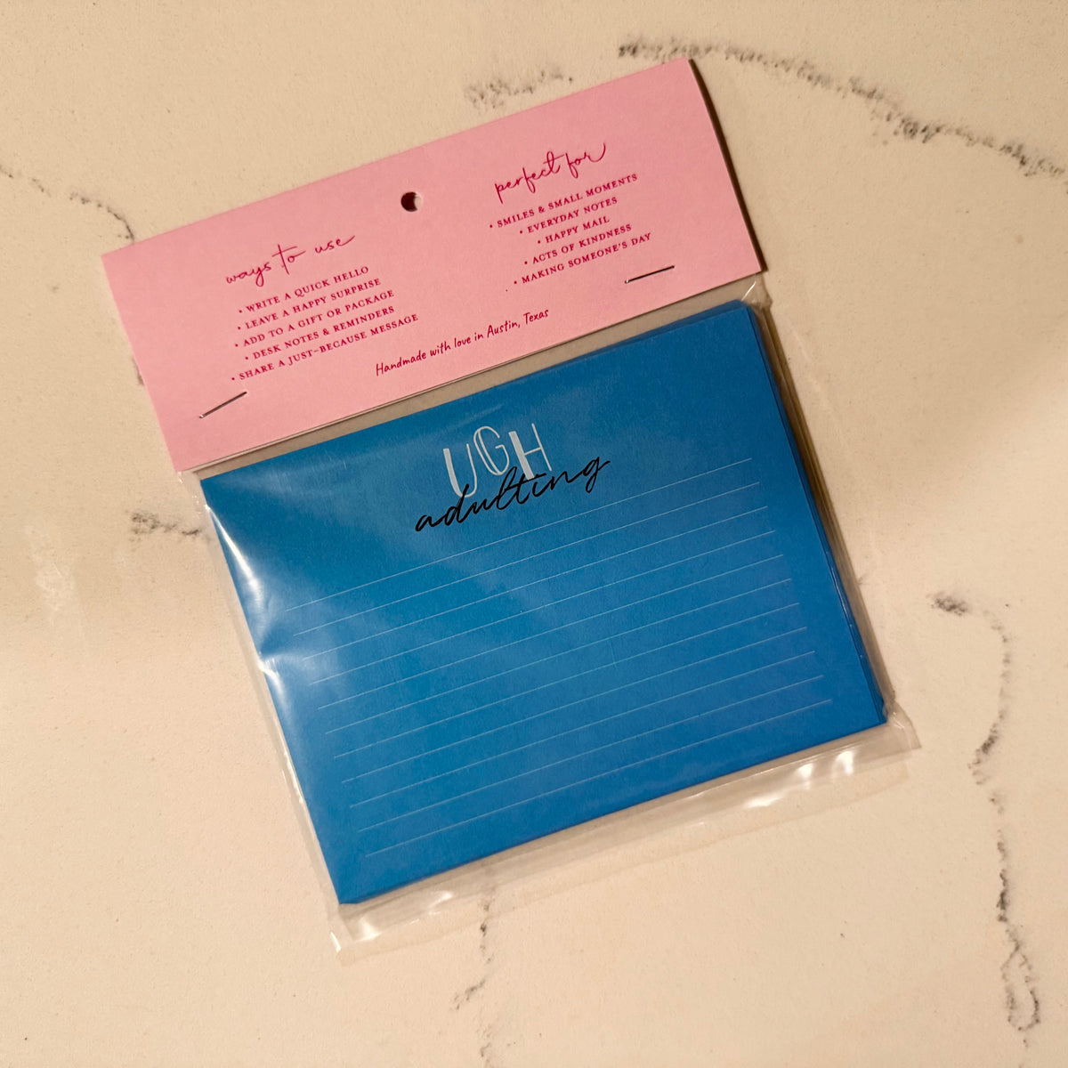 Celestial blue personalized stationery notecard with UGH Adulting Sucks text in custom script style. - UGH Adulting Sucks Notecard Set