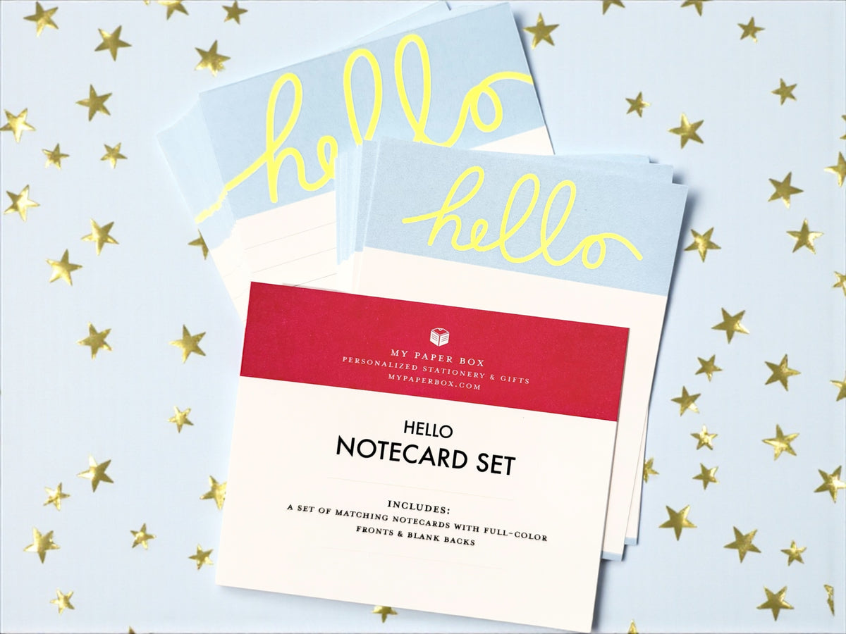 Custom hello stationery notecard set with lined and unlined cards in soft blue and yellow lettering. - Hello Lined and Unlined Notecard Set