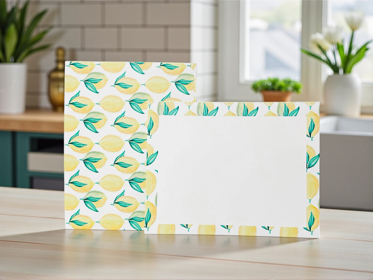 Custom personalized stationery set featuring lemon and leaf border notecards with matching envelope. - Lemon Notecard Set