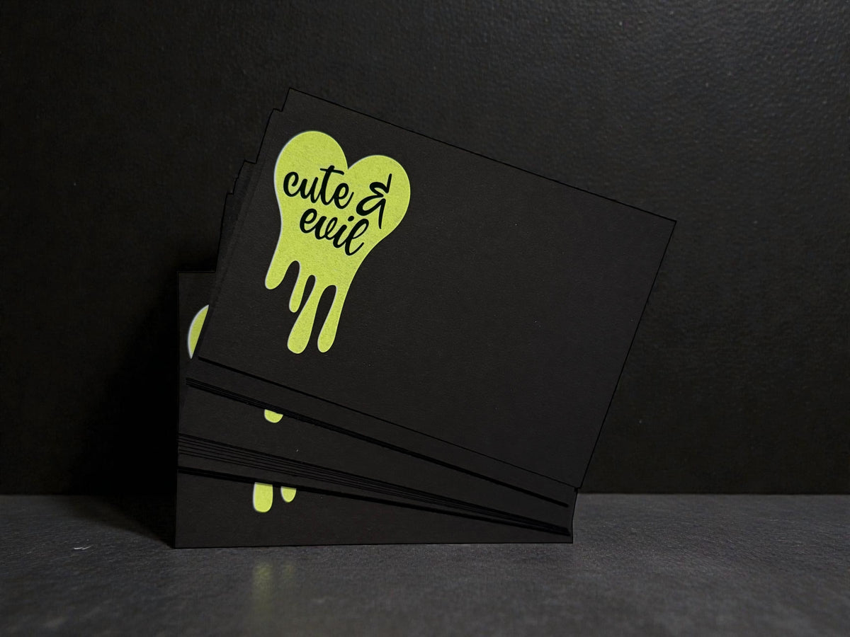 Black notecards with neon green dripping design and "cute & evil" text, personalized stationery. - “Cute & Evil” Black Notecards