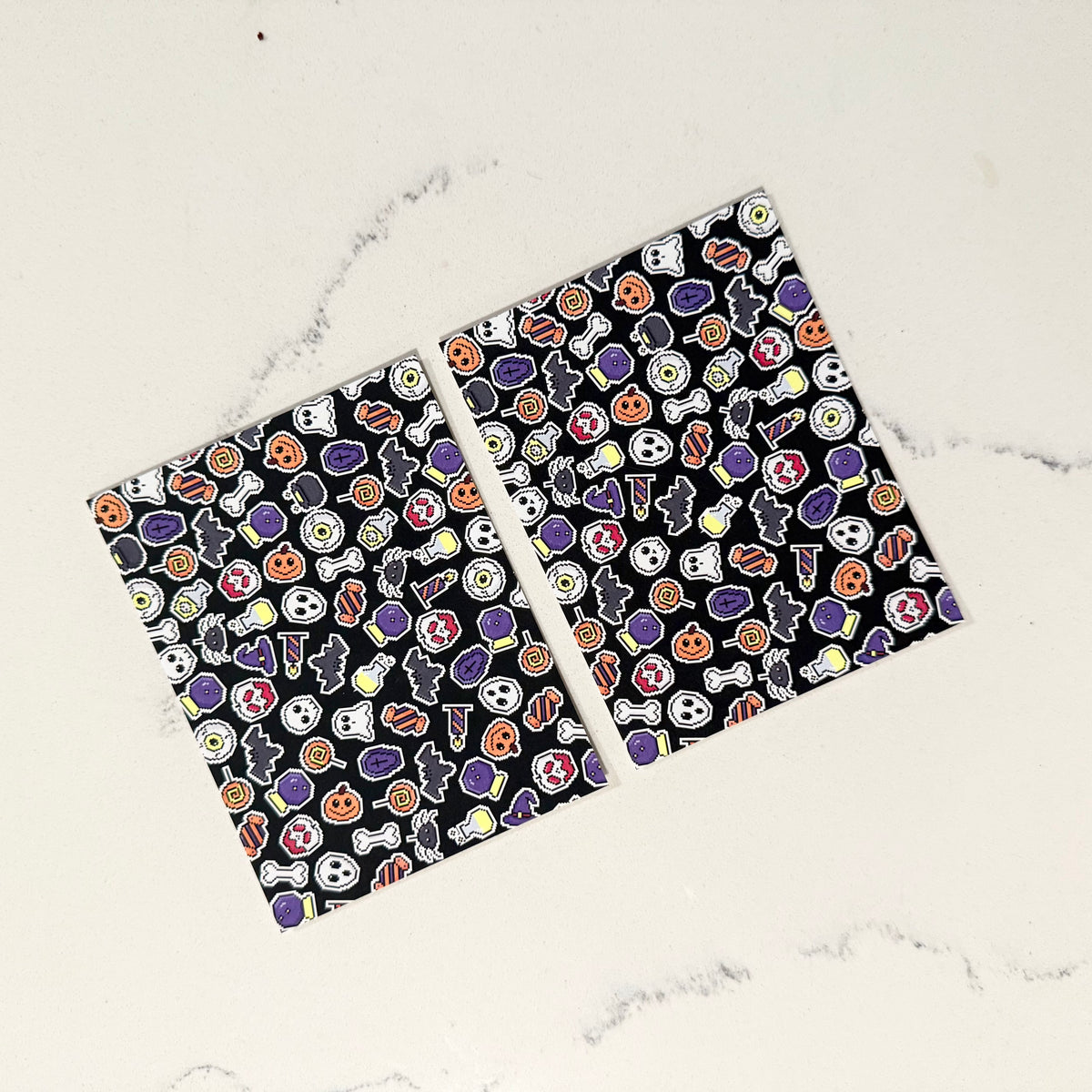 Custom Halloween-themed personalized stationery notecards with colorful pixel art icons on black background. - Halloween Pixels Notecard Set