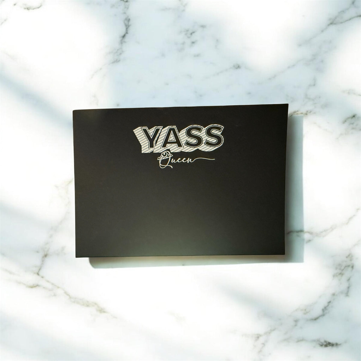 Black notecard with bold "YASS" and cursive "Queen" text, personalized custom stationery. - “YASS Queen” Black Notecard