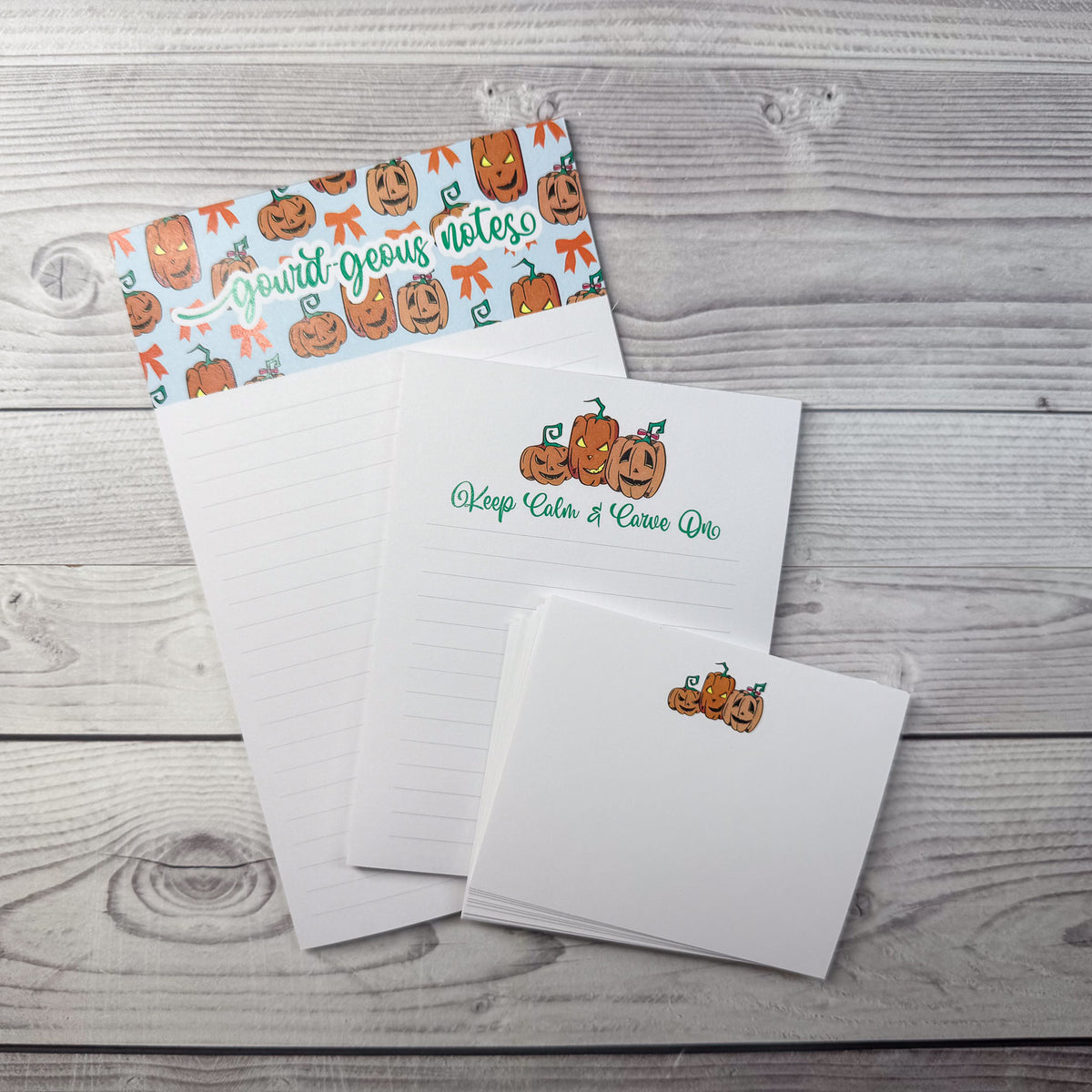Personalized stationery set with custom pumpkin and gourd illustrations on notepad and notecards. - Gourd-geous Notepad and Notecard set