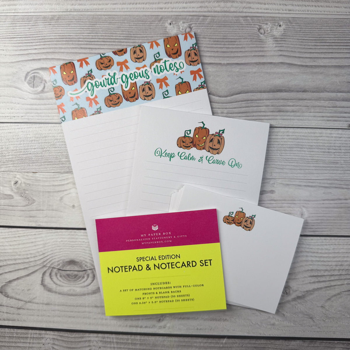 Custom personalized stationery set with pumpkin-themed notepad and matching note cards. - Gourd-geous Notepad and Notecard set