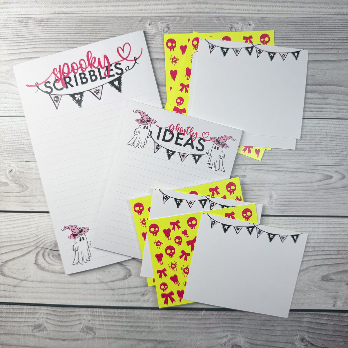 Custom personalized stationery set featuring spooky-themed notepad and matching notecards with skull and unicorn designs. - Spooky Ideas Notepad and Notecard set