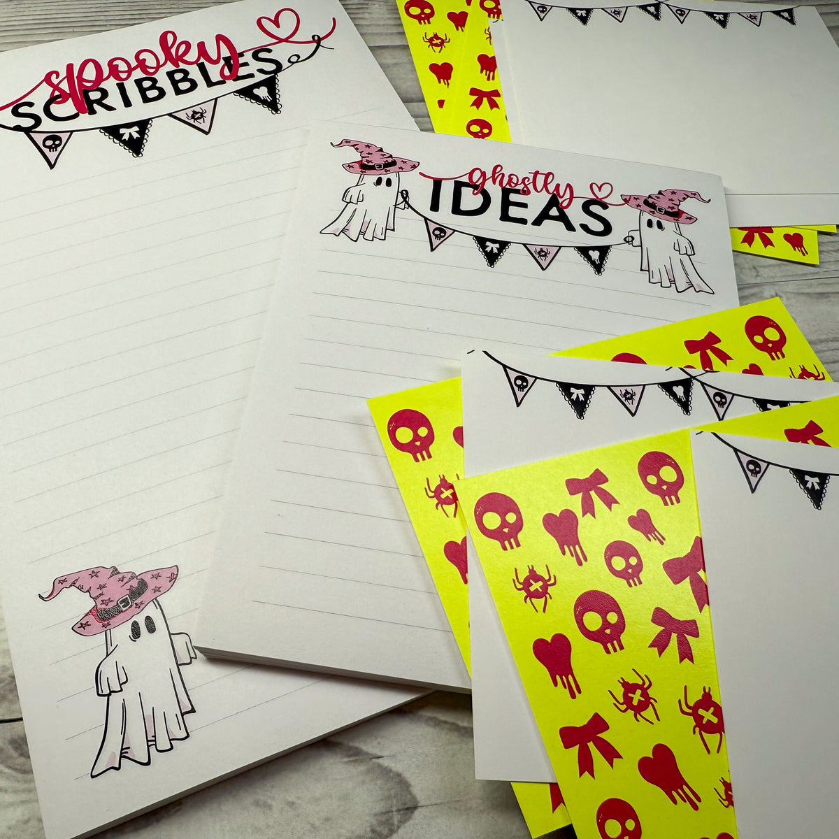 Spooky Ideas personalized stationery set with ghost illustration, lined notepad, and yellow skull-themed notecards. - Spooky Ideas Notepad and Notecard set