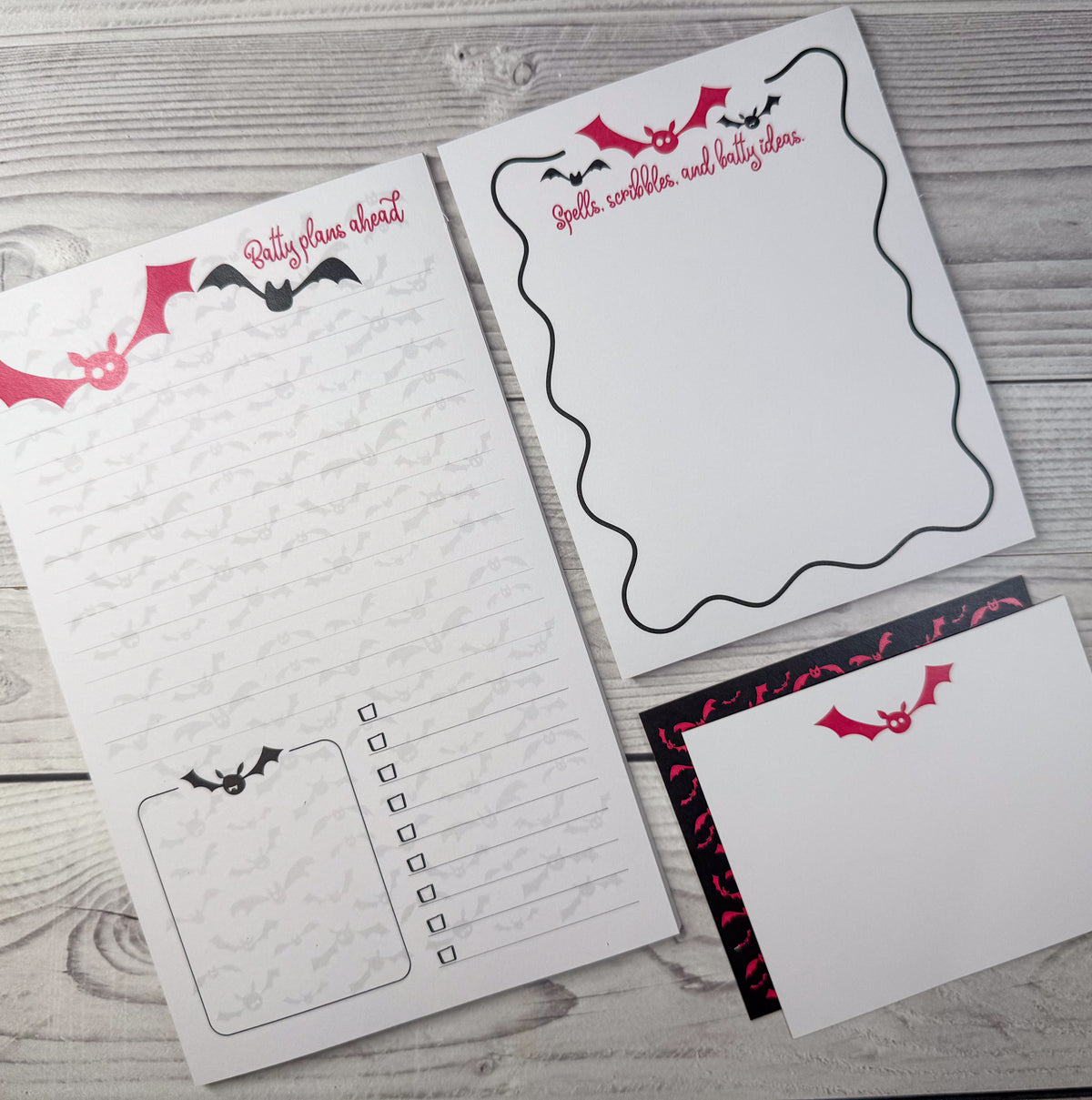 Personalized Batty Ideas stationery set with custom notepad and notecard featuring bat and spider designs. - Batty Ideas Notepad and Notecard set