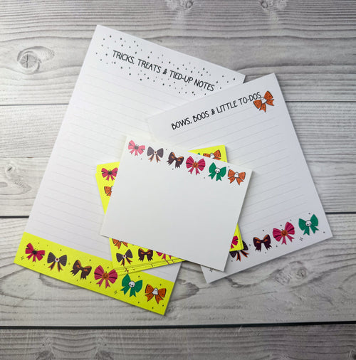 Personalized stationery set with Halloween bows and themed notecard and notepad designs. - Boos and Bows Notepad and Notecard set