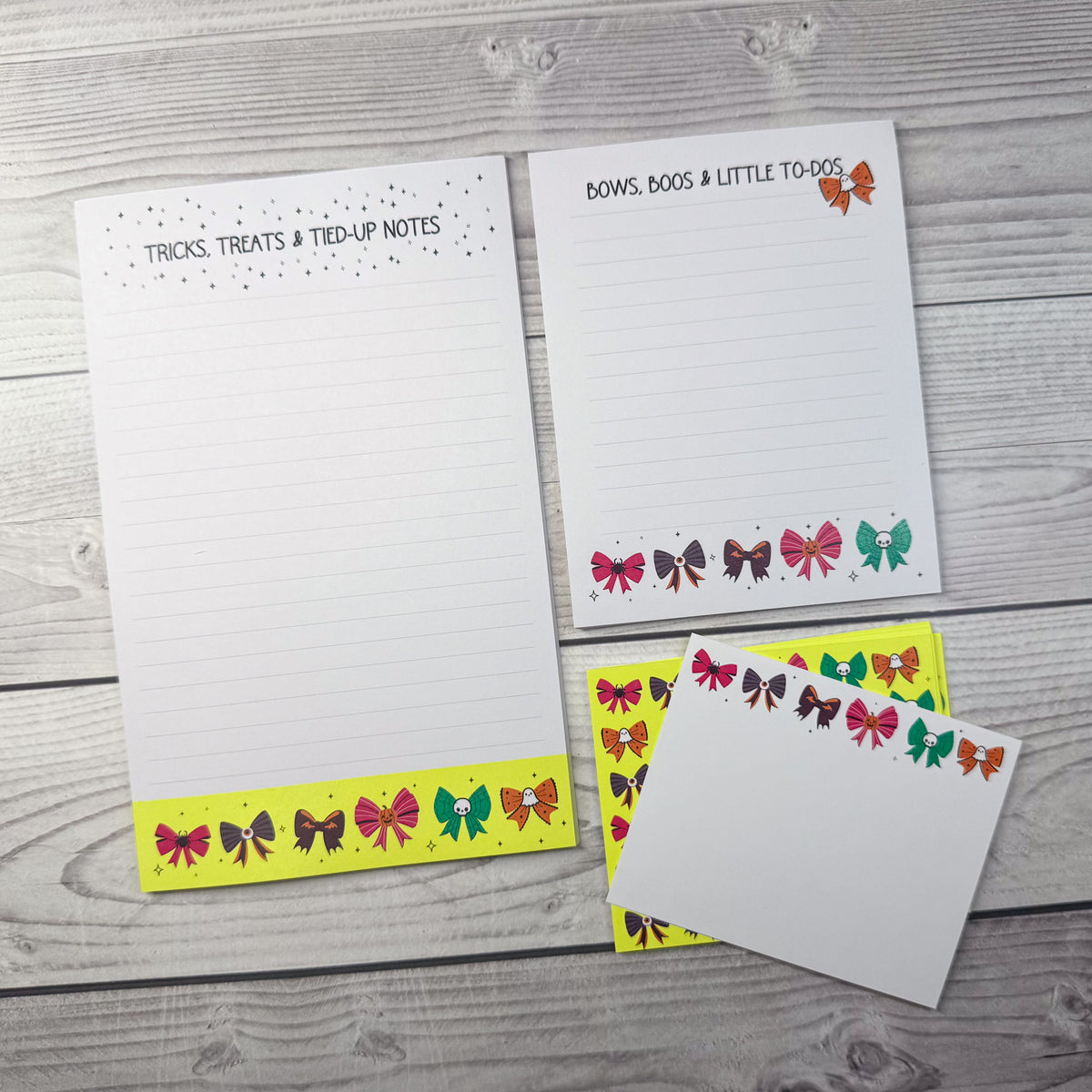 Personalized stationery set with boos and bows notepad, matching notecard, and note set. - Boos and Bows Notepad and Notecard set