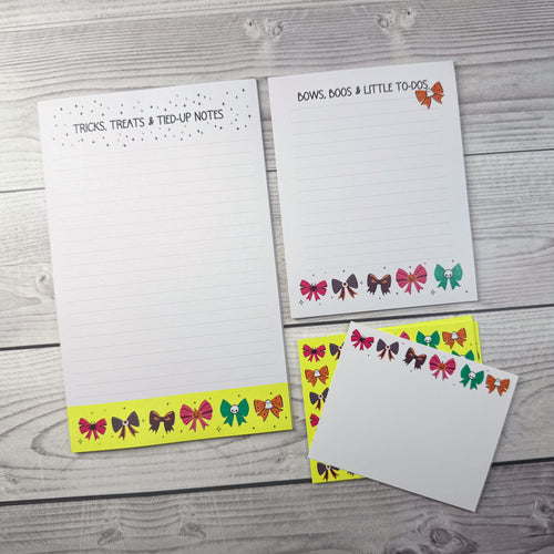 Personalized stationery set with boos and bows notepad, matching notecard, and note set. - Boos and Bows Notepad and Notecard set