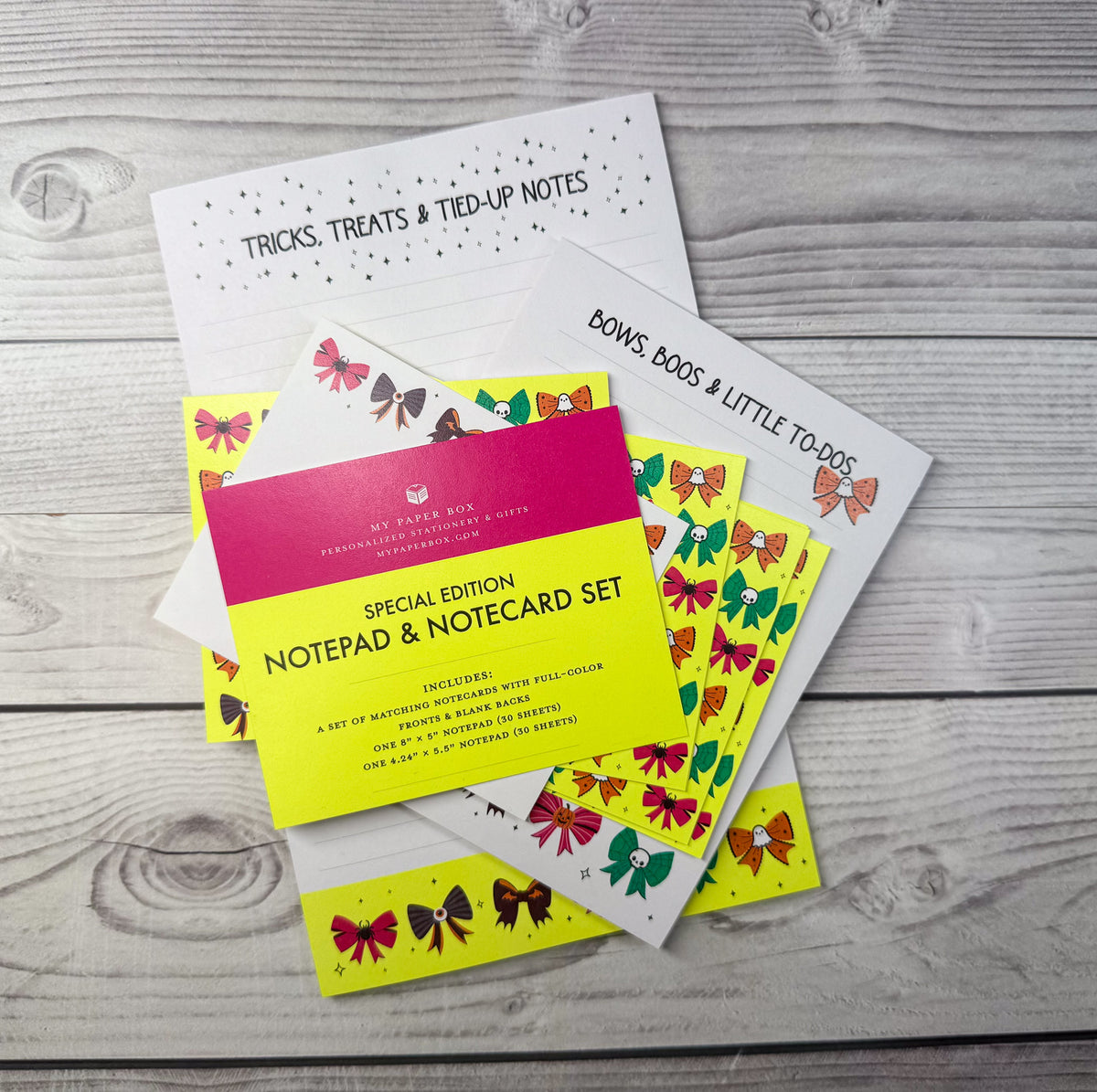 Custom personalized stationery set with colorful bows on notepad and notecards. - Boos and Bows Notepad and Notecard set