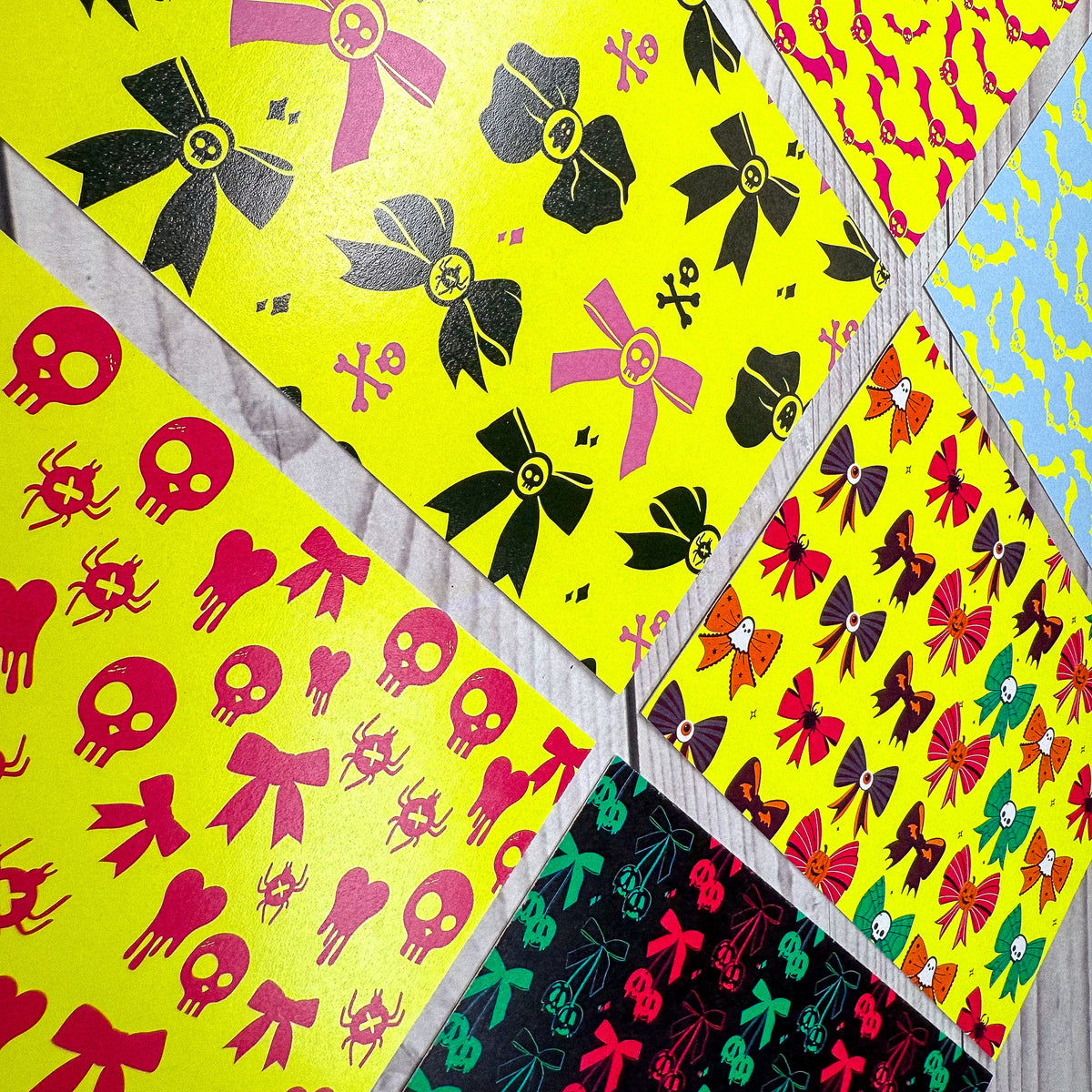 Custom personalized stationery featuring neon pink and black bows and skulls on bright yellow backgrounds alongside pink and . - Neon Matching Notecards