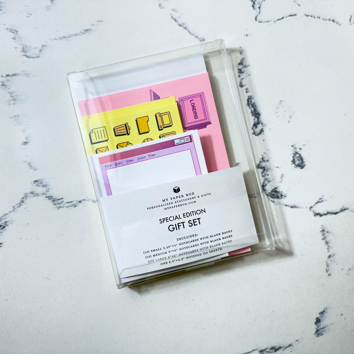 Retro computer-themed stationery gift set with pastel pink and yellow custom notecards in clear plastic sleeve. - Retro Computer Stationery Gift Set | 90s Desk Notecards & Planner