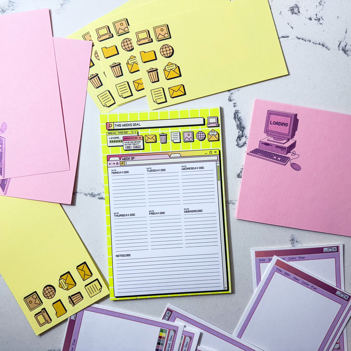 Custom personalized retro computer stationery set with colorful 90s notecards, planner sheets, and envelopes. - Retro Computer Stationery Gift Set | 90s Desk Notecards & Planner