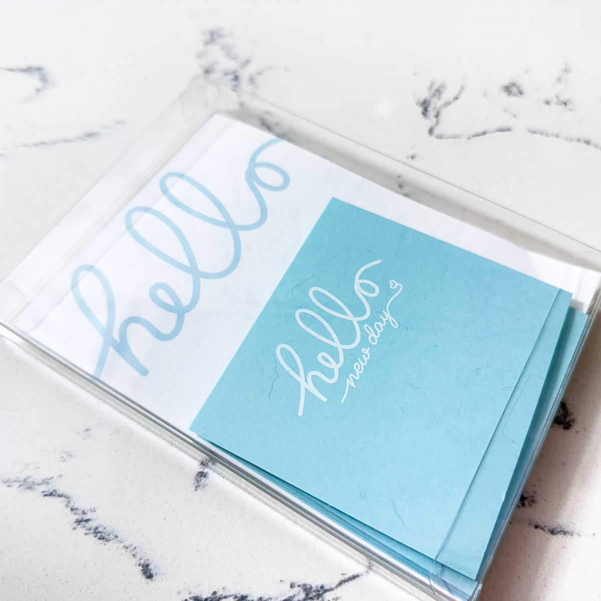 Minimal blue personalized stationery set with custom "hello" notecards and matching notepad. - Hello Stationery Gift Set | Minimal Blue Notecards & Notepad