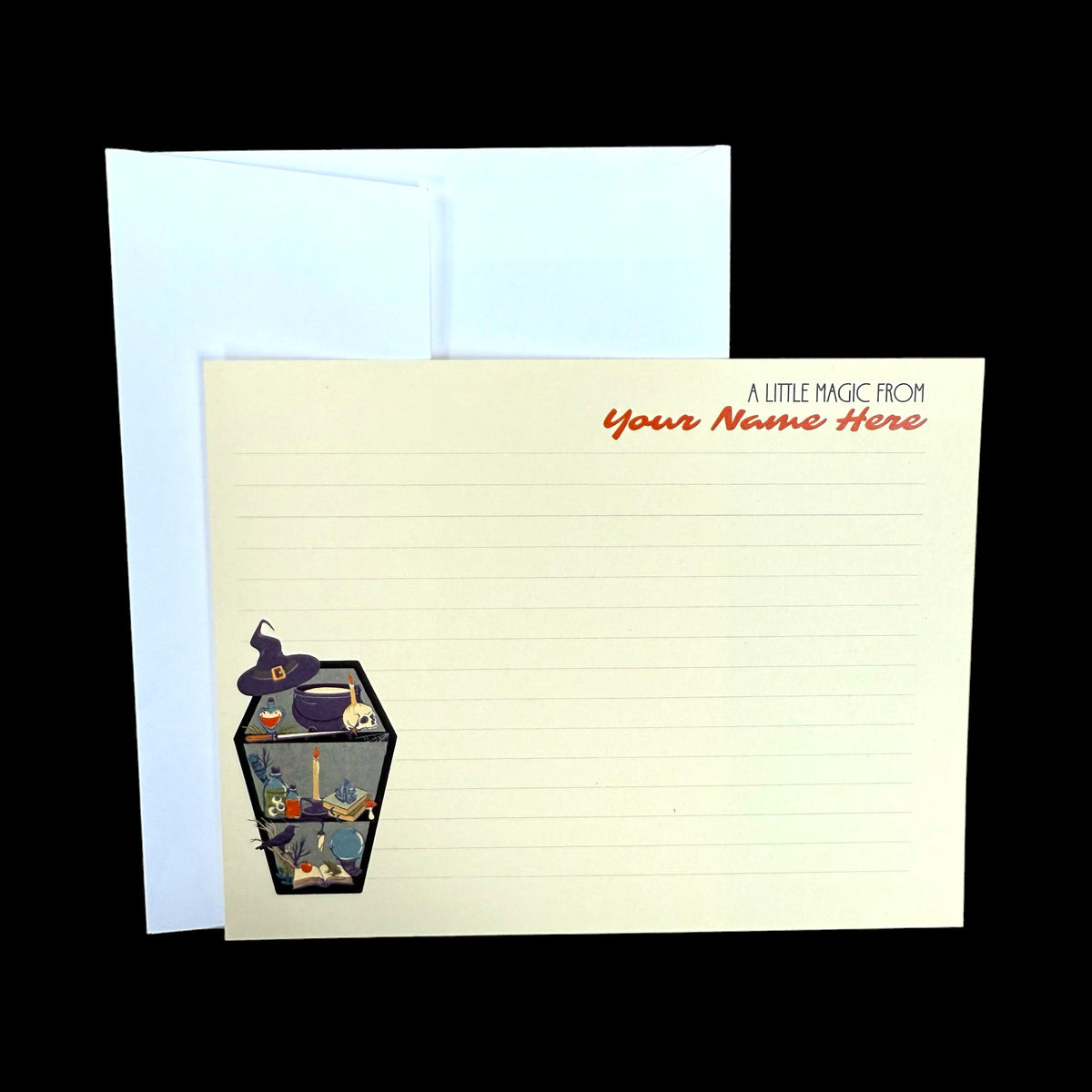 Lined notecard with illustrated witchy coffin shelf and customizable text in brown and orange.