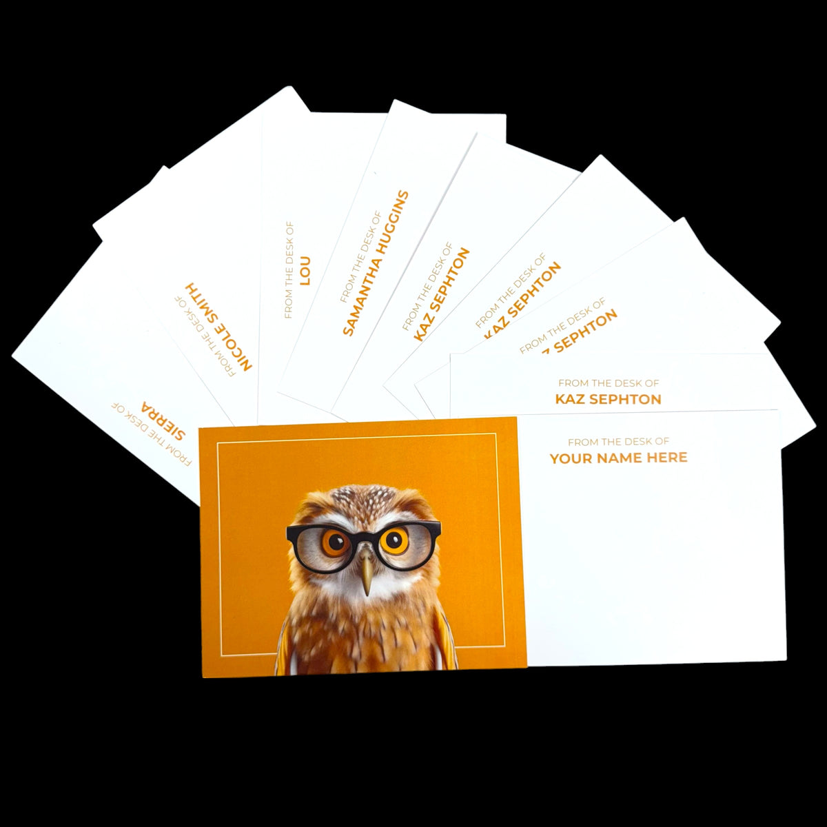 Set of 10 A2 flat note cards with owl wearing glasses on orange background and customizable text on white area.