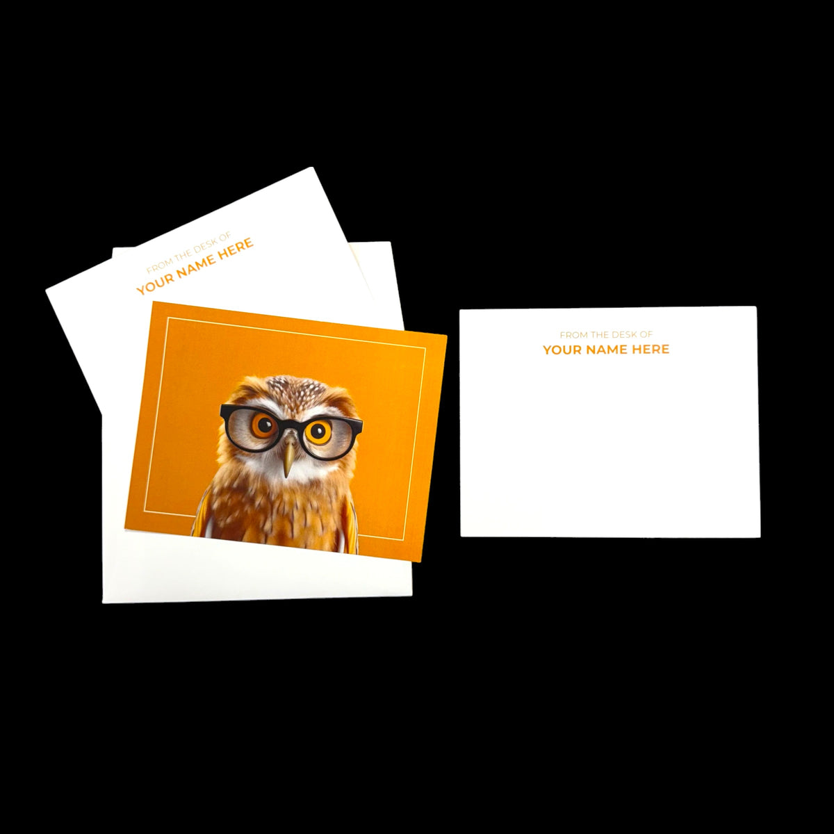 Set of 10 Personalized Owl Flat Note Cards – A2 Size