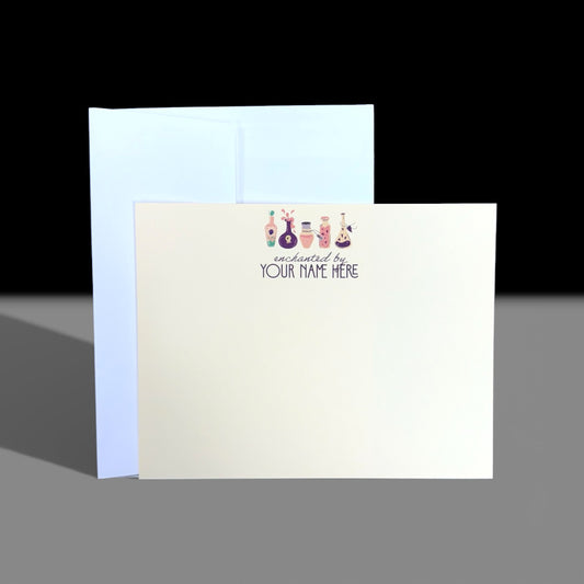 Tan flat A2 notecard with colorful witchy potion bottles and customizable "Your Name Here" text at top center, white.