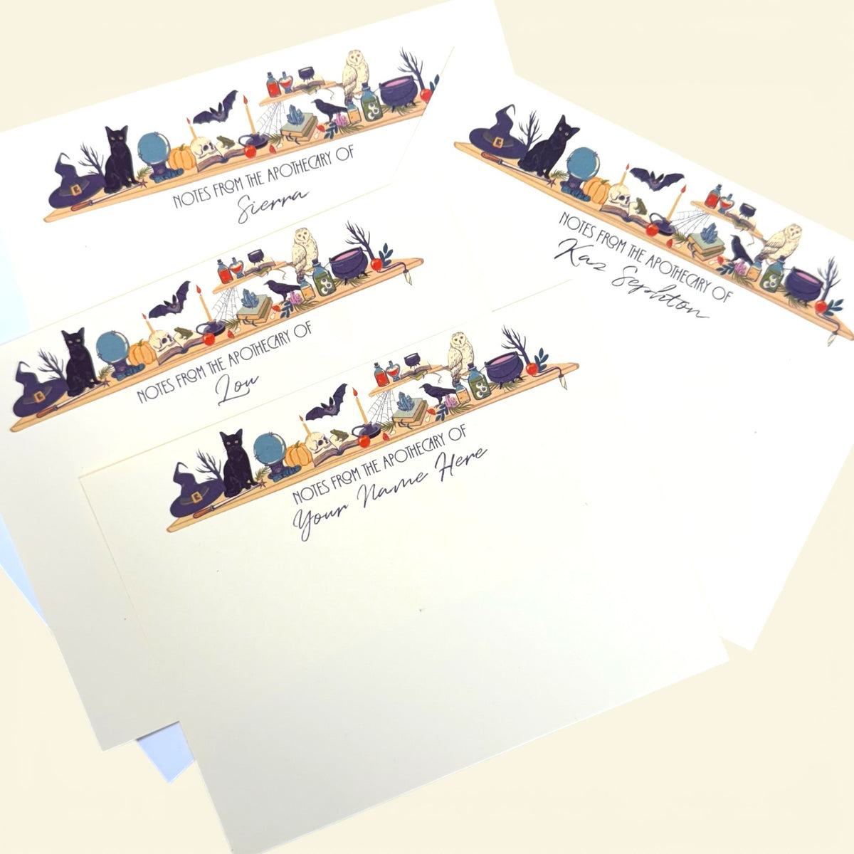 Personalized Apothecary Notecards – Set of 10 Flat A2 Cards, Witchy Desk Illustration