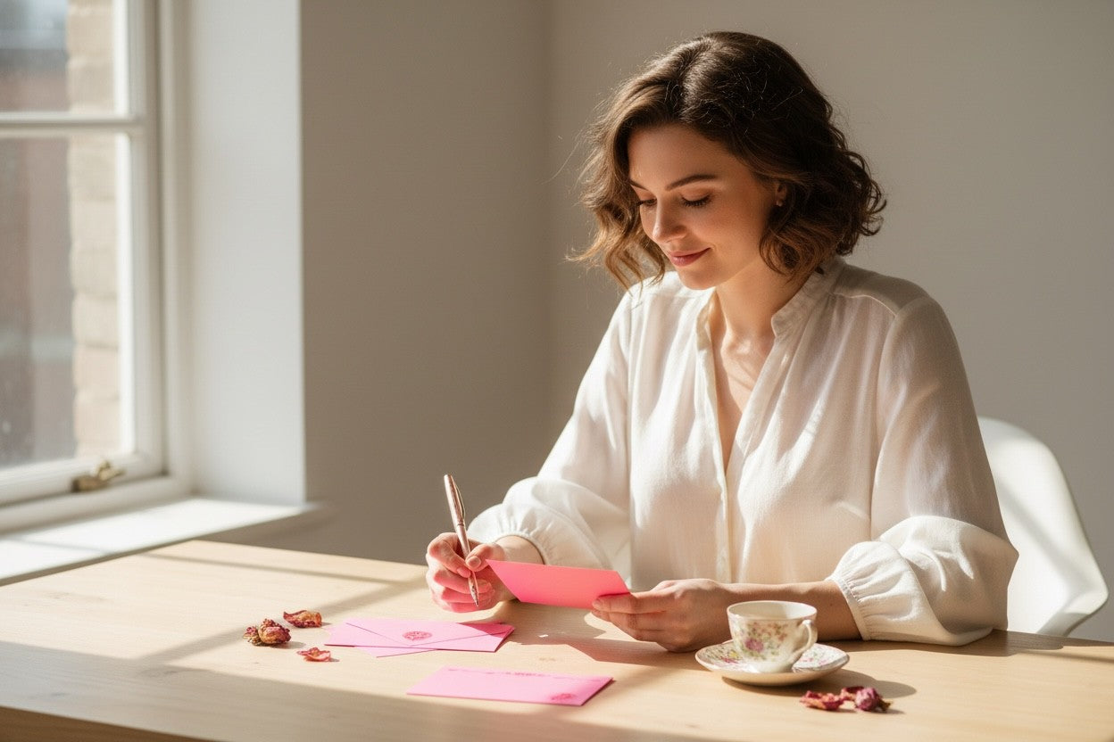 Woman writing on a piece of paper at a table with a cup and saucer.