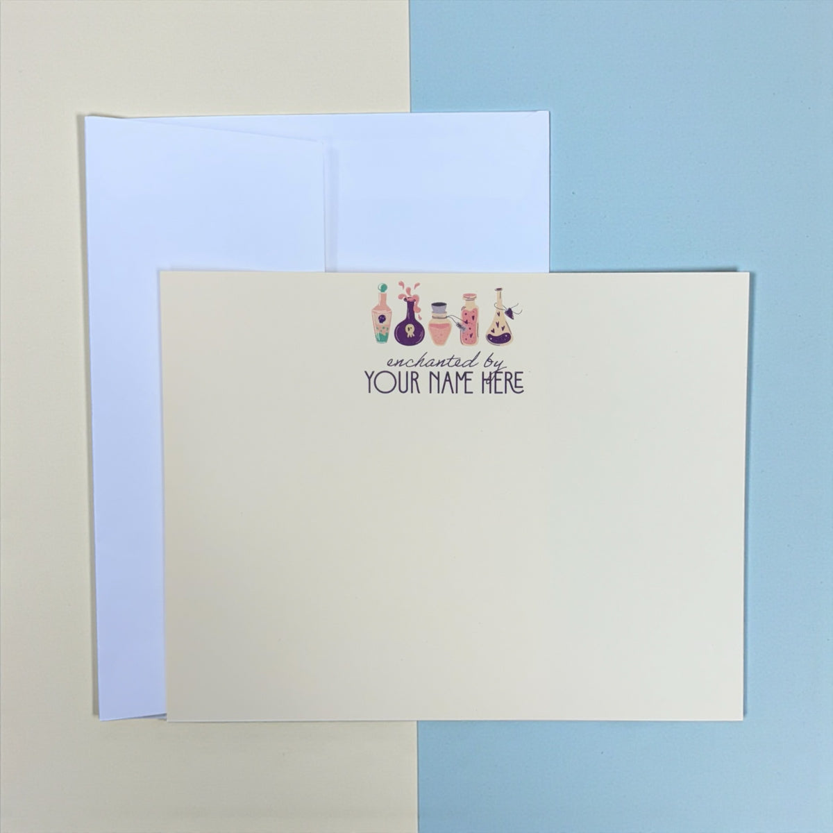 Set of tan flat A2 notecards with colorful witchy potion bottles and customizable name text, paired with white envelopes.