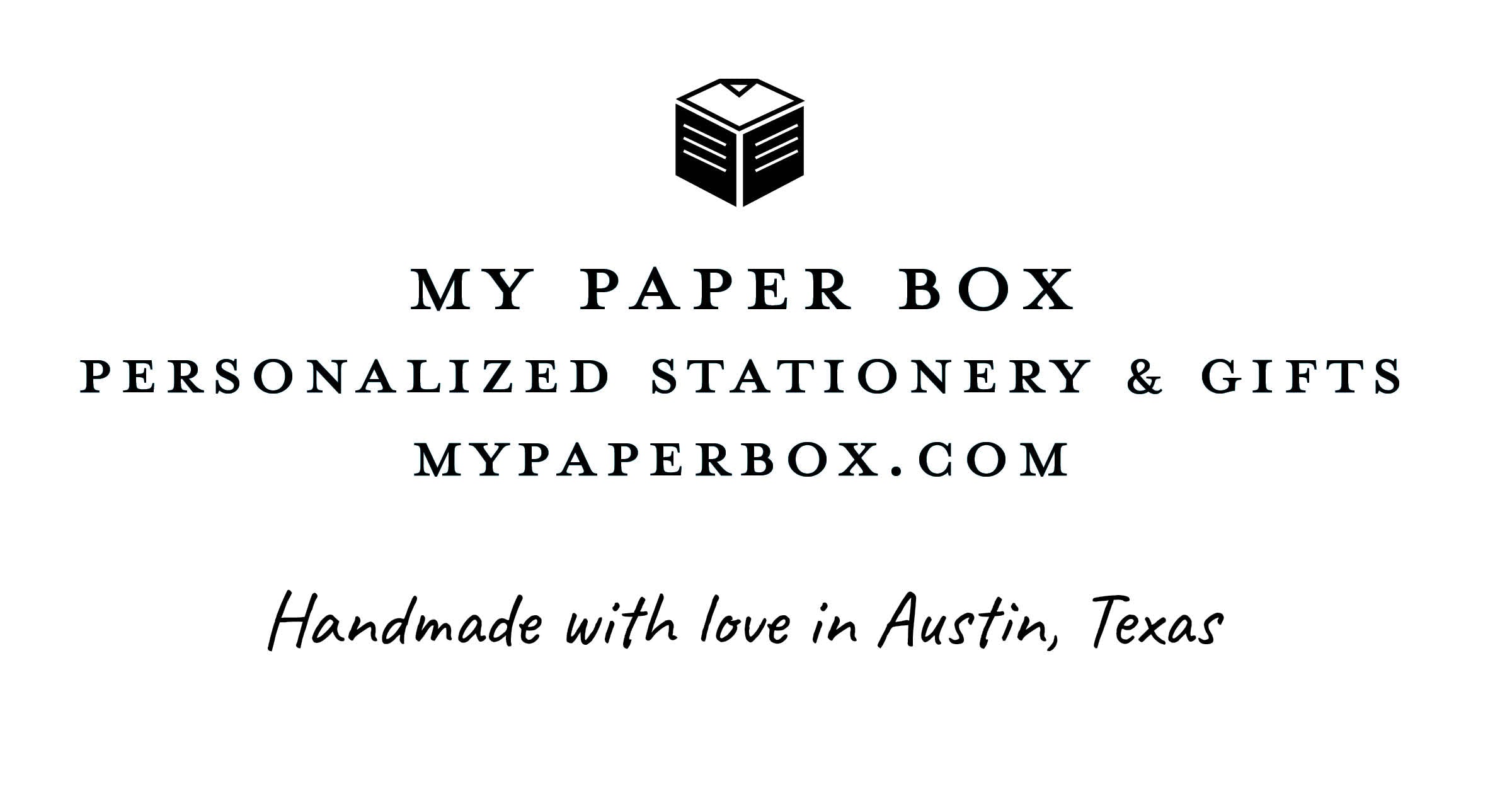 Logo and branding for My Paper Box, a personalized stationery and gifts company based in Austin, Texas.