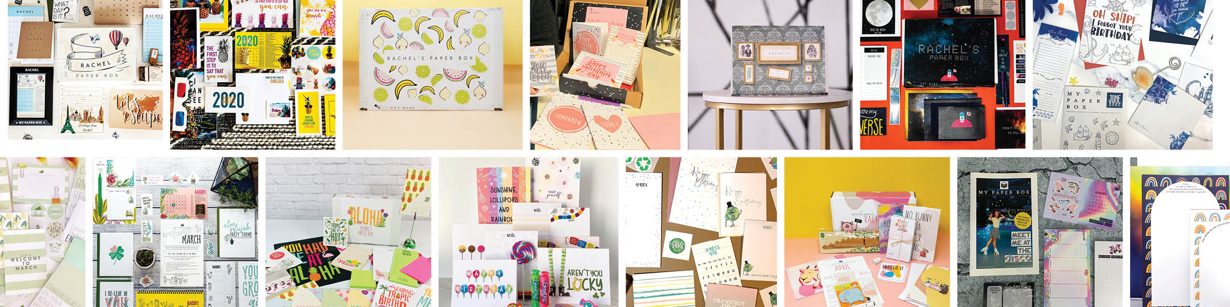 Collage of various stationery items and office supplies with a focus on colorful and organized design.