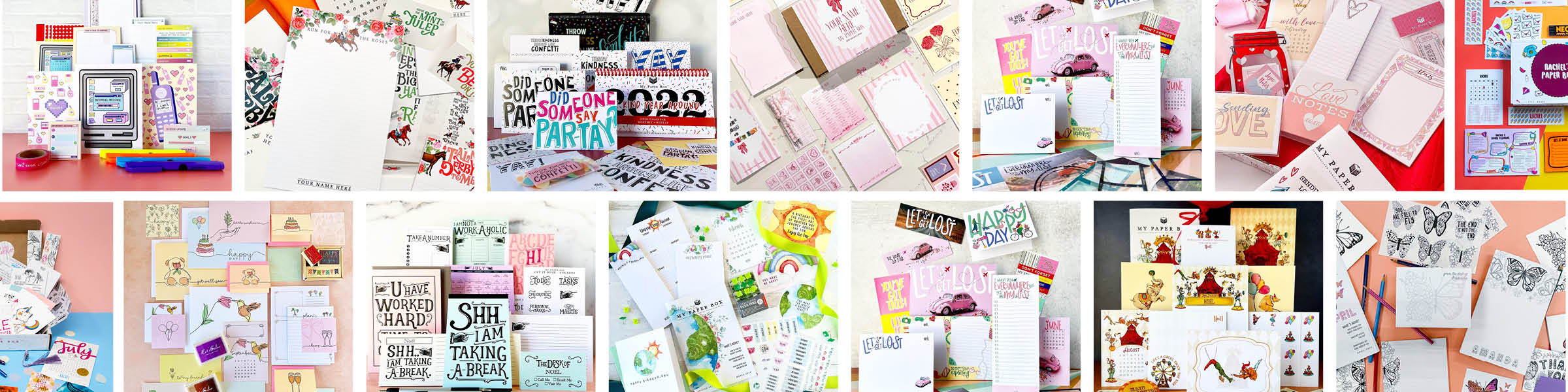 Collage of various greeting cards with different designs and colors.
