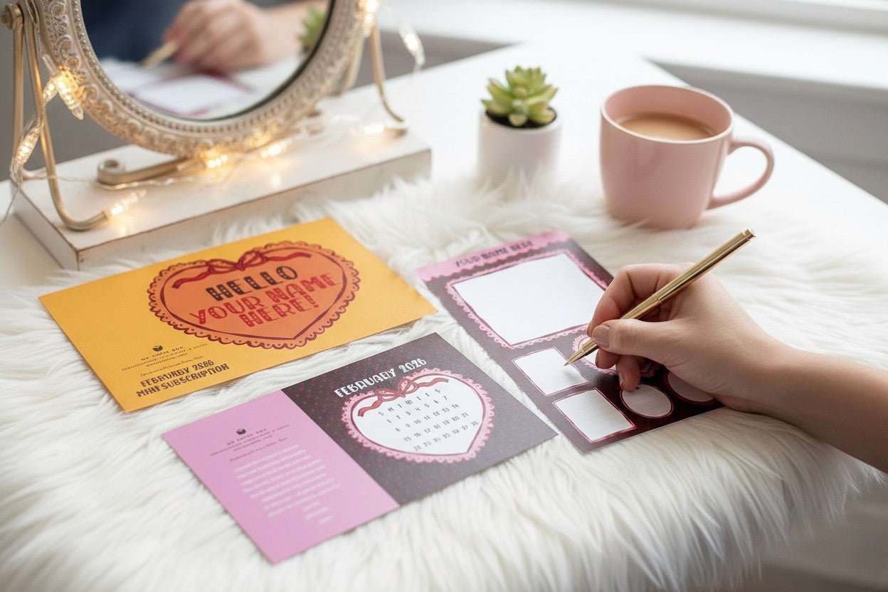 Person writing on a card with a cup of coffee and stationery items on a table.