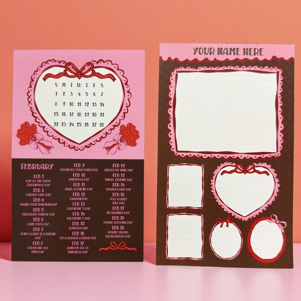 Two greeting cards with heart designs on a pink surface and gradient background